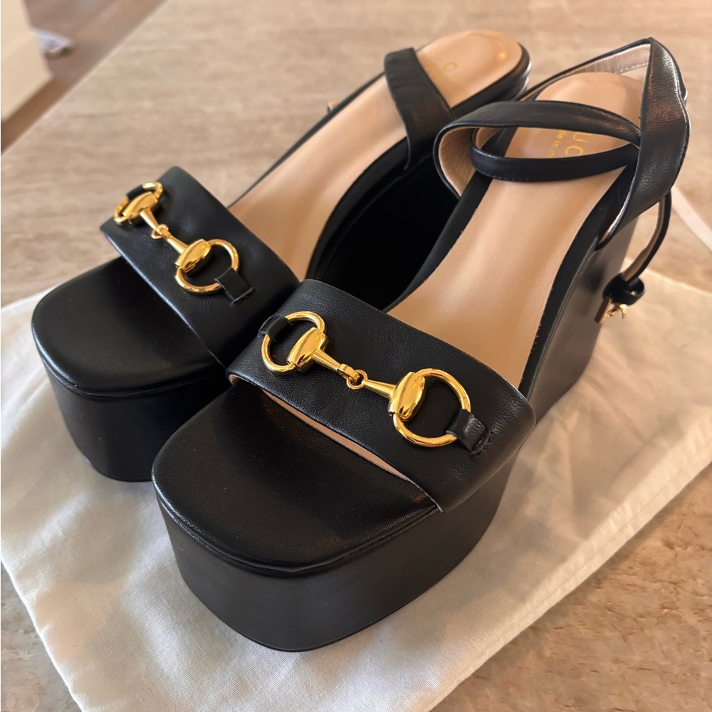Gucci Black Leather Platform Wedge Sandals with Gold Horsebit size 37